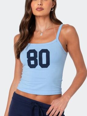 Edikted '80s Babe Appliqué Cotton Blue Crop Tank Top  number 80 size Small
